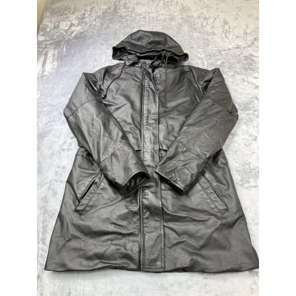 Women’s Phase Two 100% Black Leather Jacket Size Large Removable Hood ADJ Waist